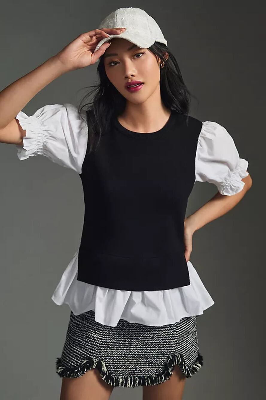 By Anthropologie Layered Poplin-Sleeve Sweater Black White Women's Size Small